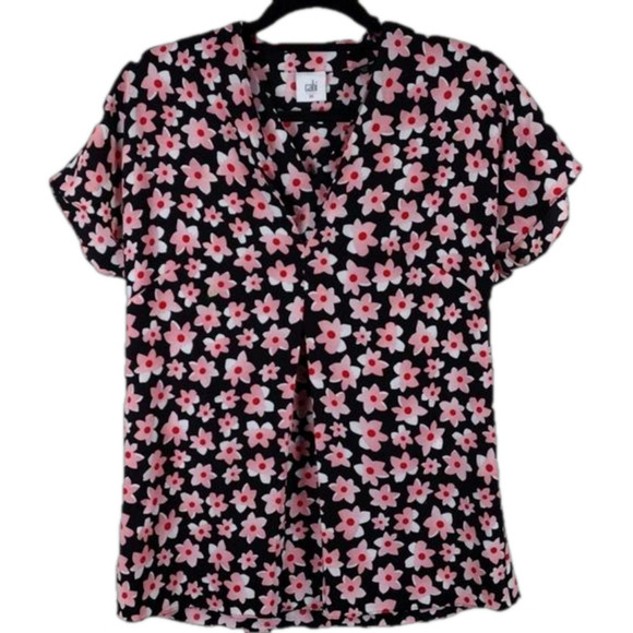 Cabi Black Pink Floral V-Neck Pleated Front Short Cap Sleeve Pullover Tunic Top - Picture 1 of 12